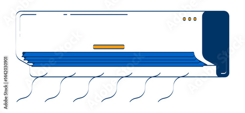 Wall-mounted air conditioner blowing cool air 2D doodle object. Home cooling. Airconditioner AC appliance cartoon element flat vector clipart isolated on white background. Hand drawn illustration
