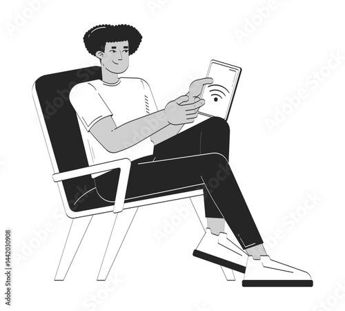 Latino man controlling smart devices via tablet doodle linear character. IoT user seated comfortably, holding wifi screen 2D vector outline person isolated. Hand drawn drawing illustration monochrome