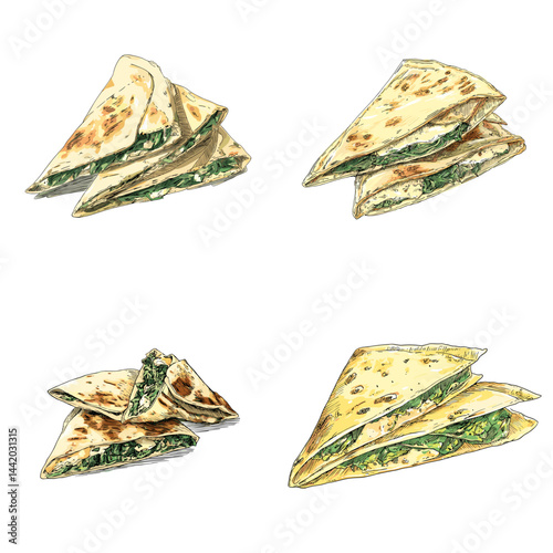 Hand-drawn spinach flatbread slices illustration. Perfect for recipe books, food blogs, restaurant menus, or culinary-themed design. Isolated on white background.

