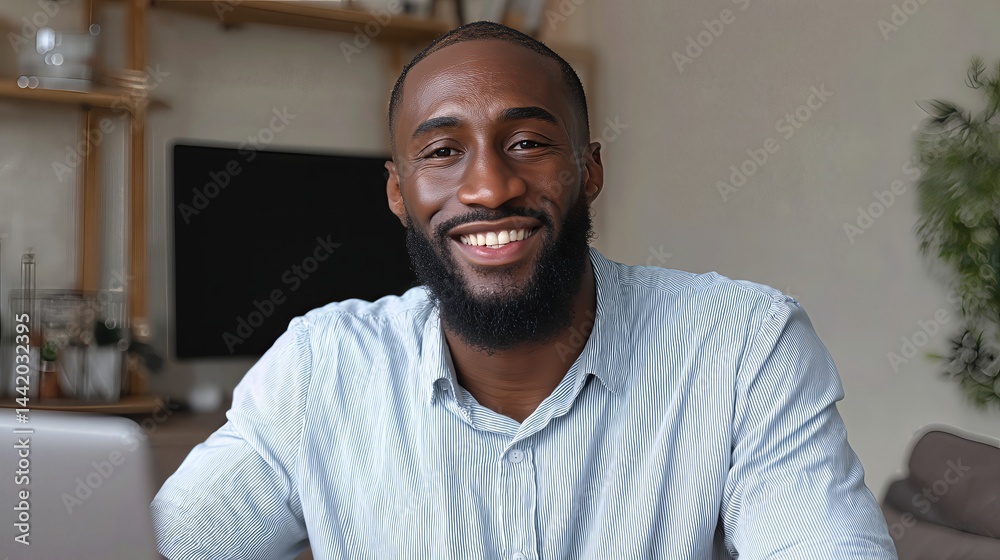 Fototapeta premium A smiling African American businessman engages in a video conference call, radiating positivity and confidence while working remotely.