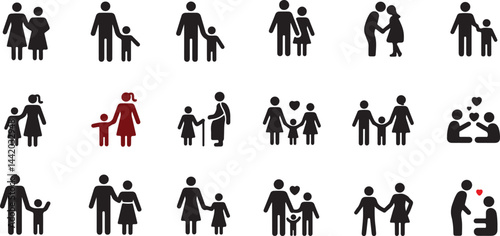 Family, relationship icon set. Vector glyph pictograms of couple, parent, child, elderly people, pregnancy, parenting icon, single mother social care black silhouette illustration