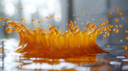 Yellow liquid forming wide splash crown with each droplet rendered precisely and suspended mid-air over bright white background. Abstract dynamic concept