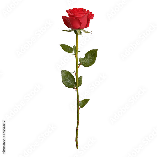 Single Red Rose with Green Stem and Leaves on Black  Isolated on transparent background
