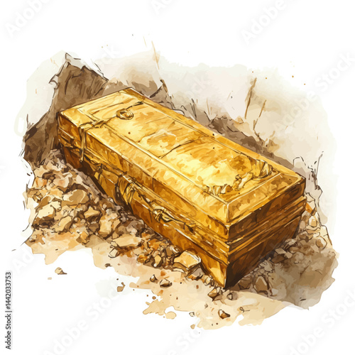 Golden Sarcophagus Discovered In A Collapsed Tomb, watercolor illustration, isolated on a white background.