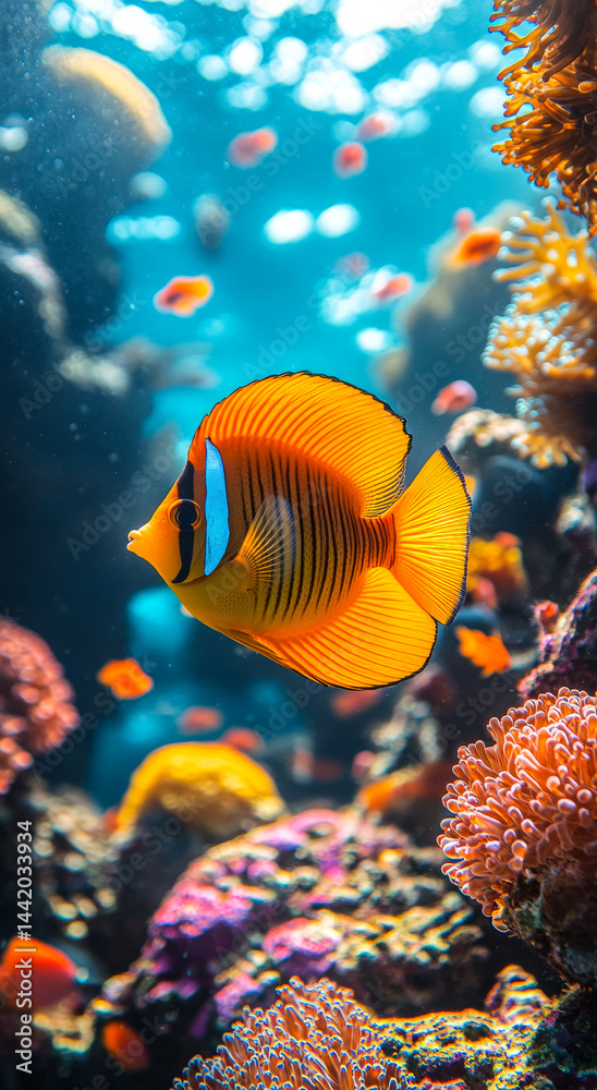 Fototapeta premium Colorful fish in coral reef. Bright orange fish glides gracefully through a lively coral reef bursting with color and marine life.