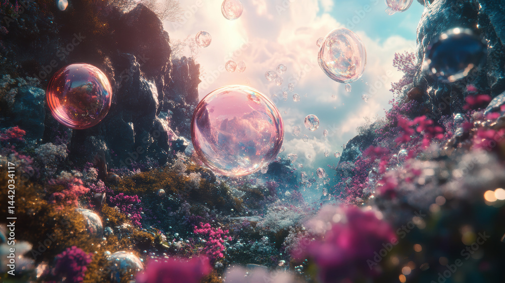Surreal underwater scene with floating bubbles and vibrant coral reef colorful flora illuminated by soft sunlight creating magical aquatic environment with dreamy atmosphere Surreal underwater scene with floating bubbles and vibrant coral reef colorful flora illuminated by soft sunlight creating magical aquatic environment with dreamy atmosphere
