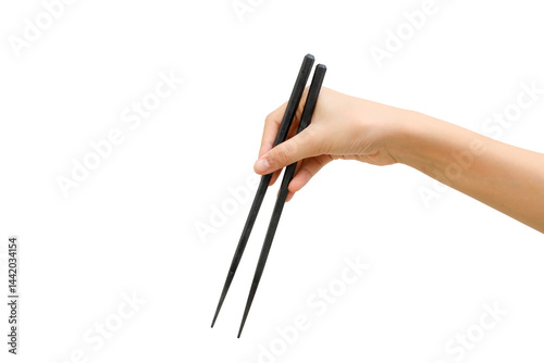 Black chopsticks hand on white background