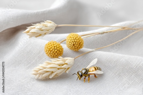 Obraz na płótnie Dried Wildflowers and a Bee Figurine Arranged on a Soft, Neutral Fabric Backdrop for Decorative Appeal w salonie