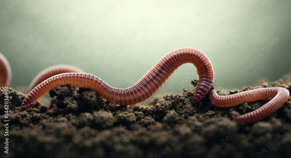 Close-up of earthworm on soil surface under soft lighting Close-up of earthworm on soil surface under soft lighting