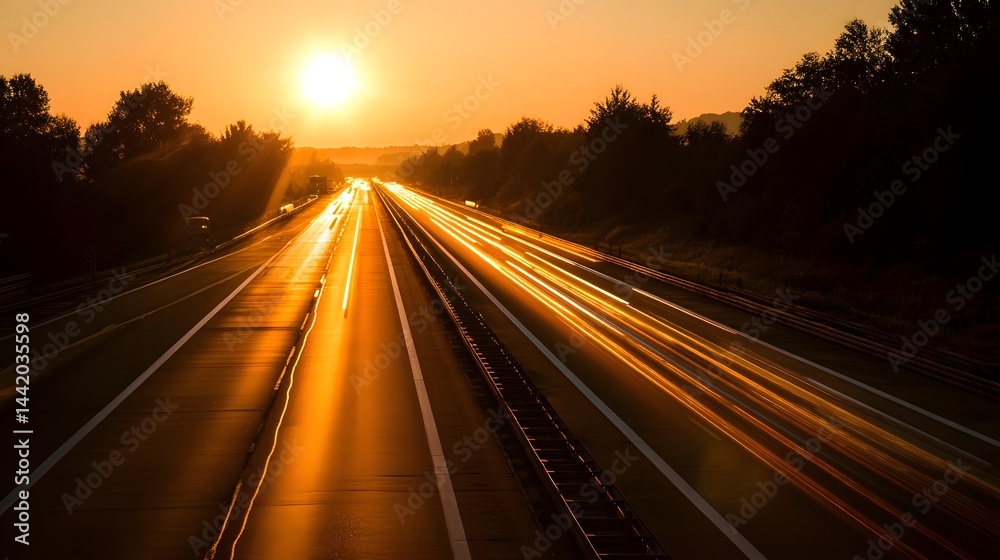 Golden sunset over a highway with blurred traffic, evoking movement and serenity in the fading light. Golden sunset over a highway with blurred traffic, evoking movement and serenity in the fading light.