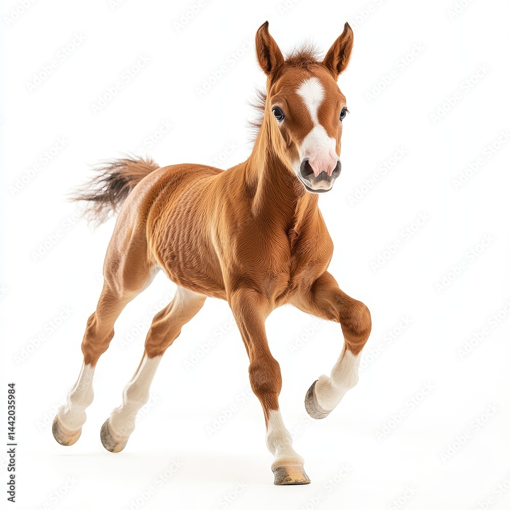 Fototapeta premium American foal, full-body shot, running towards the camera, isolated on a white background