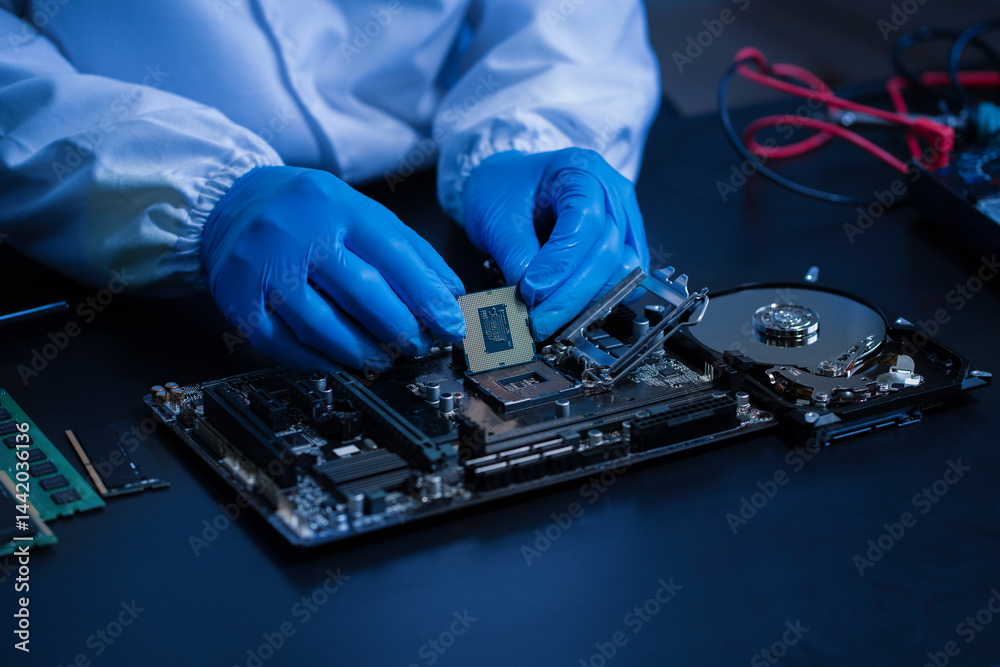 Obraz premium Hands repairing electronic devices. Electronic technician.