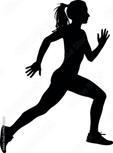 running silhouette of female athlete in motion with ponytail and energetic stride on isolated white background