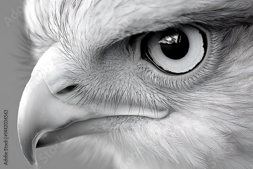 Close-up view of a raptors head in grayscale. photo