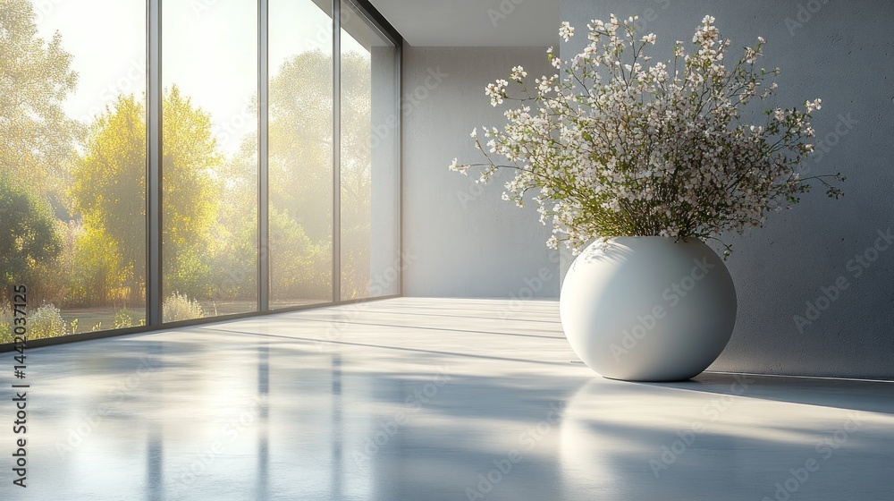Fototapeta premium Serene Minimalist Interior with Blooming Flowers and Sunlit View
