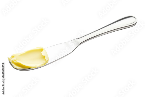 Creamy butter spread on a silver butter knife isolated on white background perfect for culinary