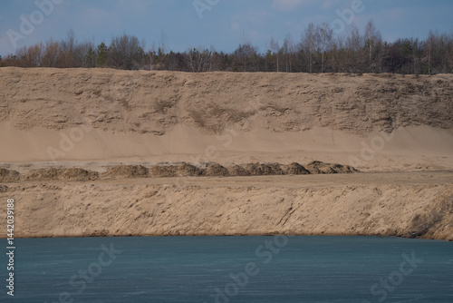 Obraz na płótnie sandy lake shore with pine forest, spring landscape w salonie