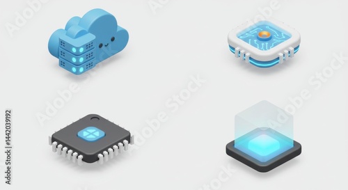 Isometric Tech Icons: Cloud Storage, Processor, Hologram Platform, Network Hub.