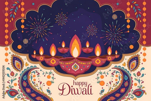 Happy Diwali Celebration Illustration – Festive Diyas and Fireworks Artwork