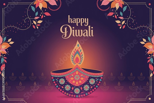 Elegant Happy Diwali Greeting with Traditional Floral Diya and Festive Background .