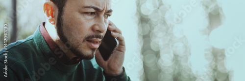 Man talking on phone, outdoors, focused expression. Casual attire, beard. Phone conversation, serious mood. Natural light, blurred background, bokeh effect. A man using a smartphone.