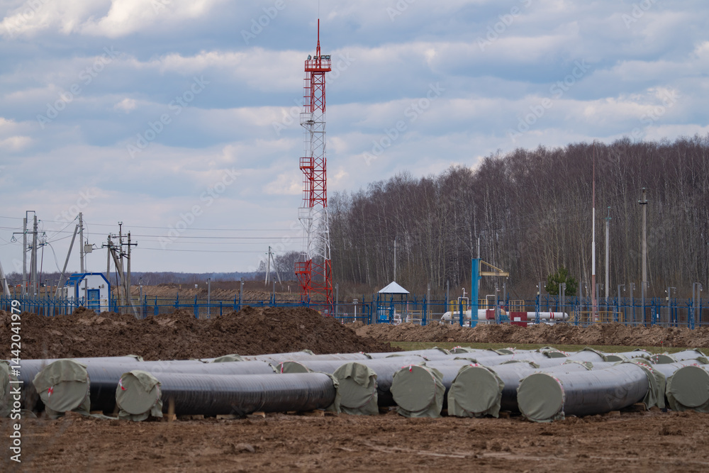 construction equipment on the section of the highway, laying of an underground gas pipeline