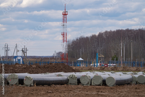 Obraz na płótnie construction equipment on the section of the highway, laying of an underground gas pipeline w salonie