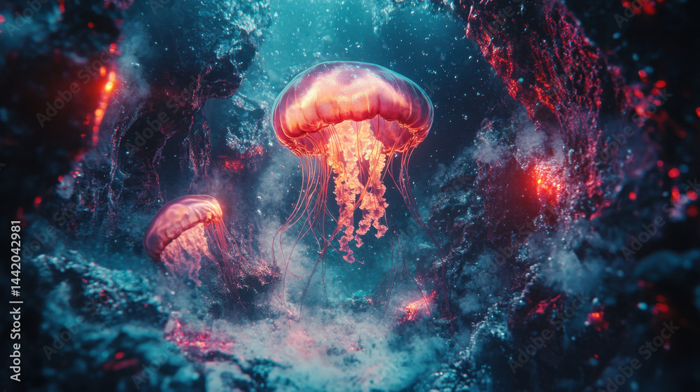Naklejka premium Vibrant underwater scene with glowing jellyfish floating amidst luminous bioluminescent marine life in deep ocean environment