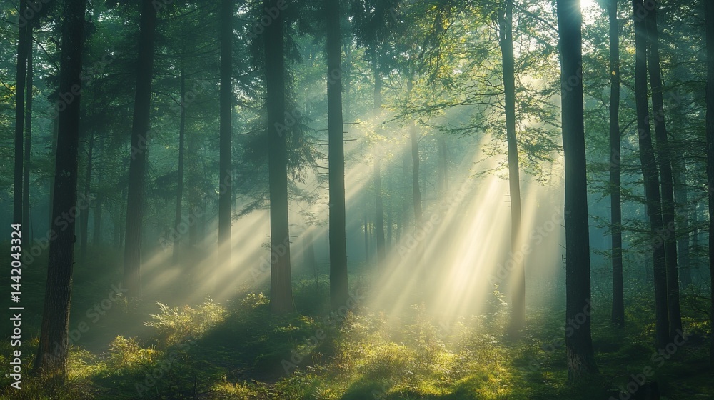 Obraz premium Magical sunbeams in a misty green forest landscape dark leaf path trees woods light image nature
