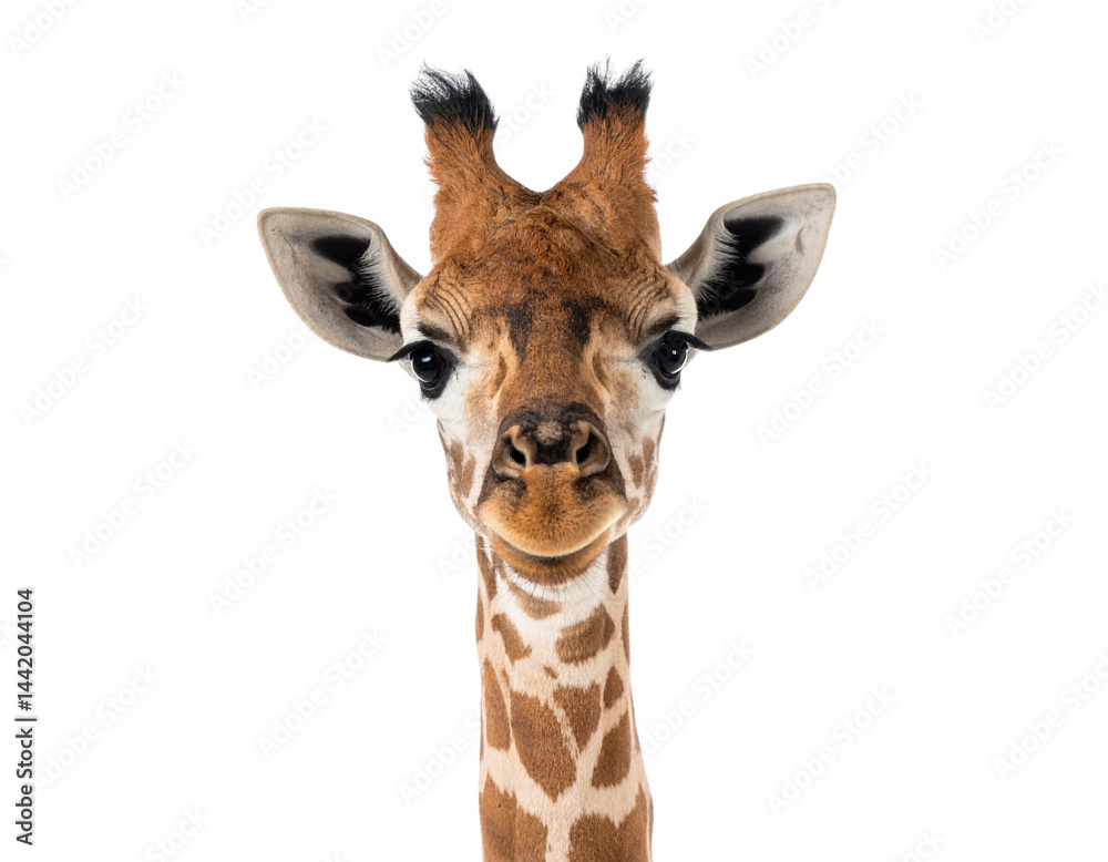 Fototapeta premium Close-up of a giraffe's face and neck with distinct markings and expressive eyes.