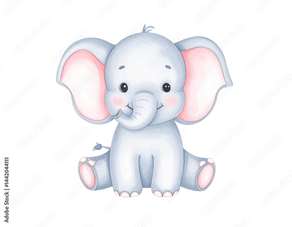 Fototapeta premium Cute baby elephant with big ears, rosy cheeks, and a cheerful expression, sitting with its legs spread out.