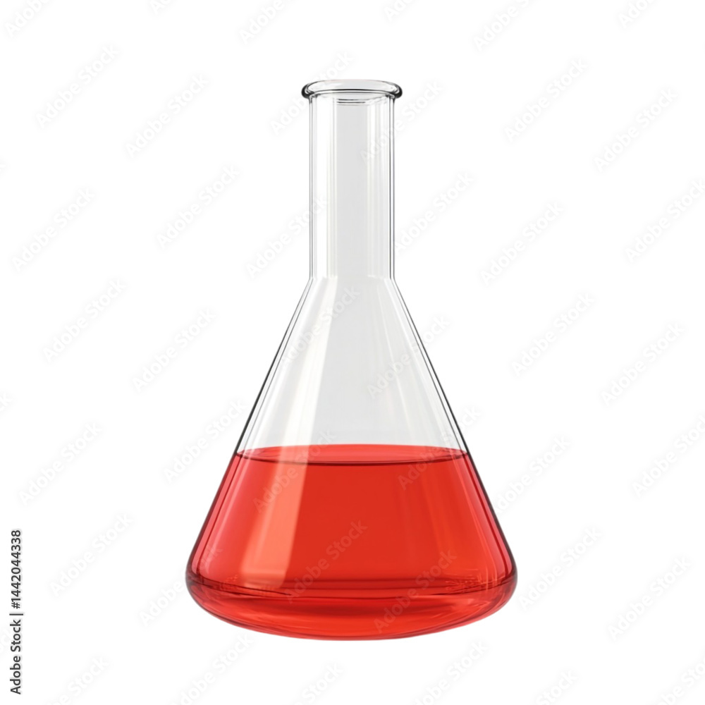 Red liquid in a glass Erlenmeyer flask science experiment chemistry lab glassware Red liquid in a glass Erlenmeyer flask science experiment chemistry lab glassware