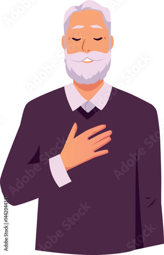 Senior man makes calm breathing exercise, breathe out and in, holding chest with eyes closed vector flat illustration