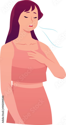 Young woman standing makes calm breathing exercise, breathe out, holding chest and eyes closed vector flat illustration
