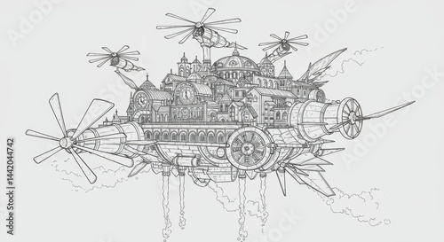 Steampunk City Suspended by Propellers