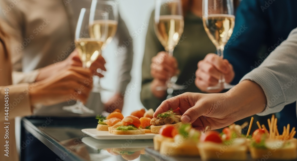 Group of diverse adults enjoying elegant appetizers and wine at a social gathering Group of diverse adults enjoying elegant appetizers and wine at a social gathering