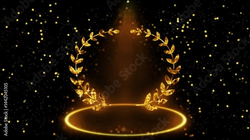 Laurel wreaths award in 4K with copy space.Luxury gold particle and light streak award BG.Gold award animation for Sale,Social Networks,Marketing, and scenes.Award wreath animation.Awards ceremony BG 