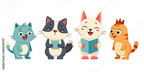 Cute Cats Reading Books Cartoon Illustration - Cute characters