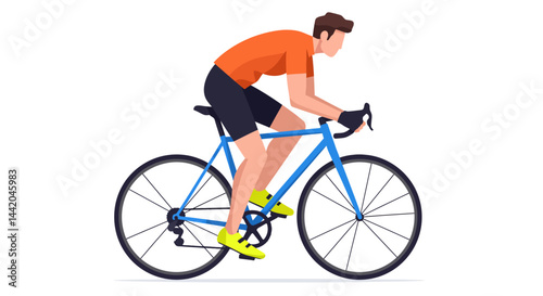 Cyclist riding blue road bike forward