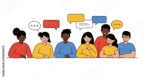 Diverse group engages in dialogue surrounded by colorful speech bubbles