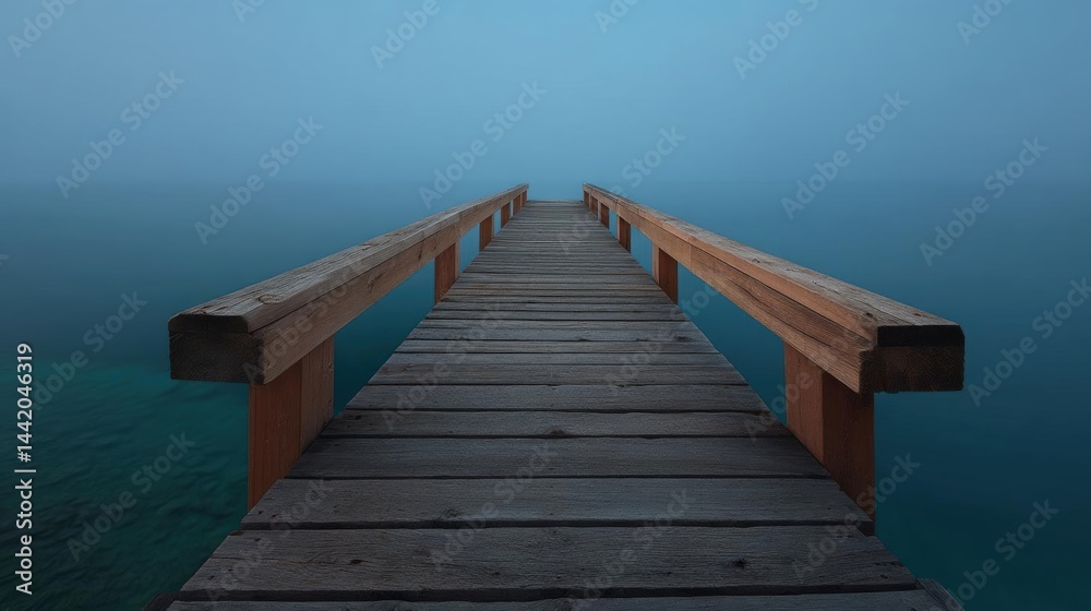 Obraz premium Long wooden pier extending into the ocean. the pier is made of light-colored wood and has a wooden railing on both sides. the sky is a deep blue and the water is a beautiful turquoise color.
