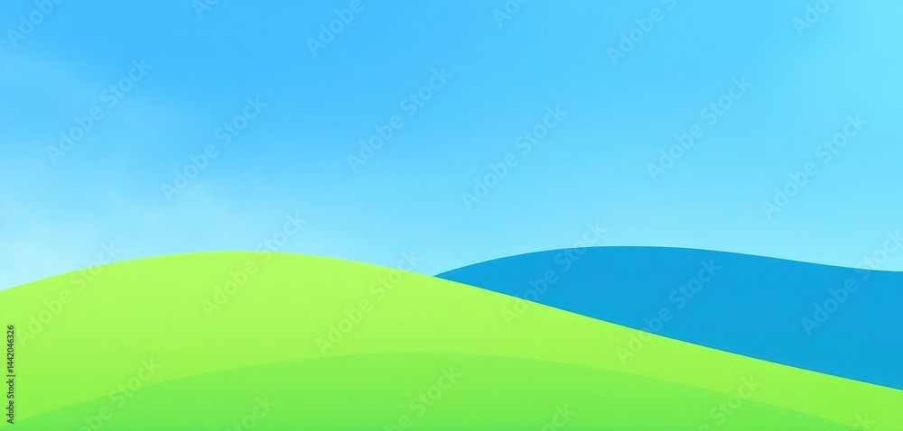 Obraz premium Subtle washes of blue and green depict a simplified summer hill and sky, color, wash