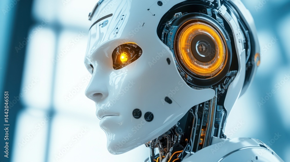 Close-up view of a futuristic robotic head. Close-up view of a futuristic robotic head.