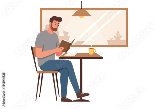 Man immersed in book over coffee