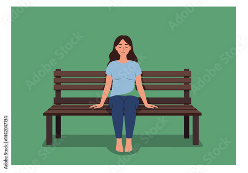 Peaceful woman sits on park bench