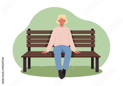 Serene blonde figure rests on park bench