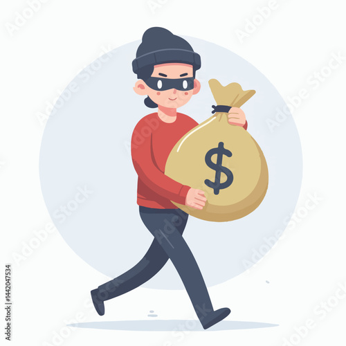 vector collection of Cartoon thief walking and carrying dollar sign bag with flashlight