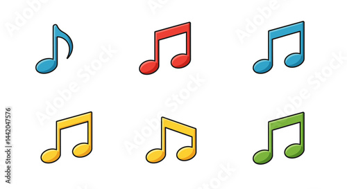 Six colorful cartoon music notes float