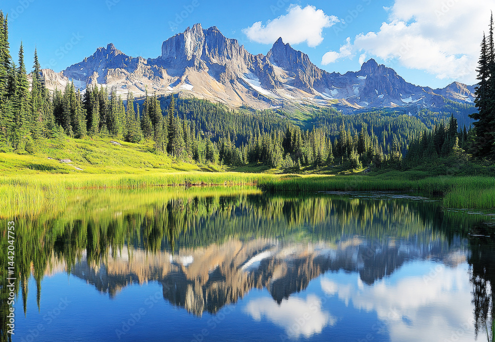 Scenic mountain landscape with reflections in calm water Scenic mountain landscape with reflections in calm water