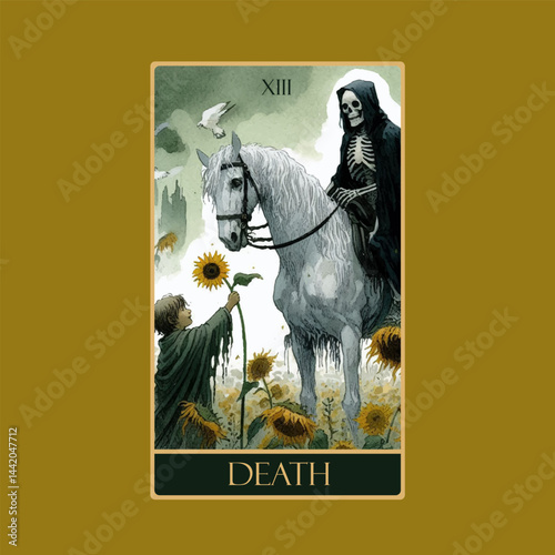 A watercolor Tarot card 'Death'.Tarot card colorful deck. Major arcana set part . Vector hand drawn engraved style. Occult and alchemy symbolism.